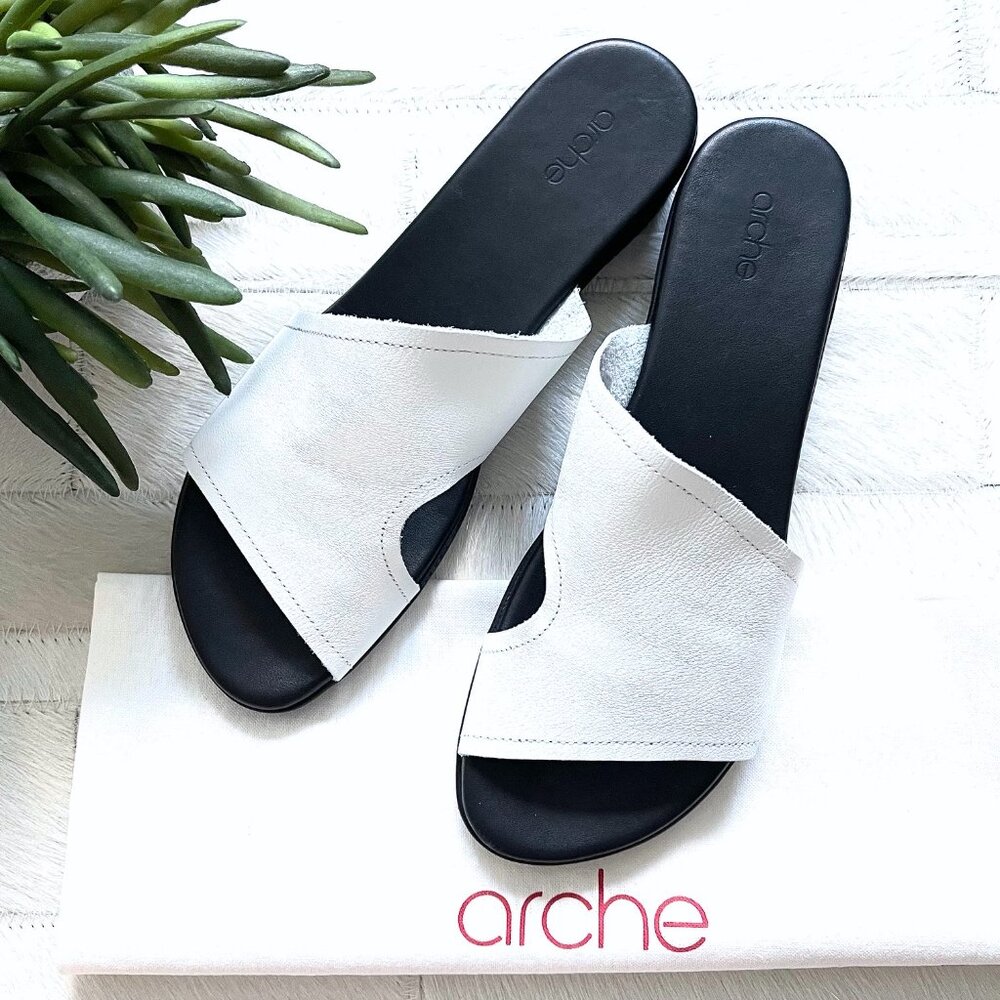 Arche Aurane Leather Slide Sandals in White/Black Size 9.5 - Picture 5 of 11